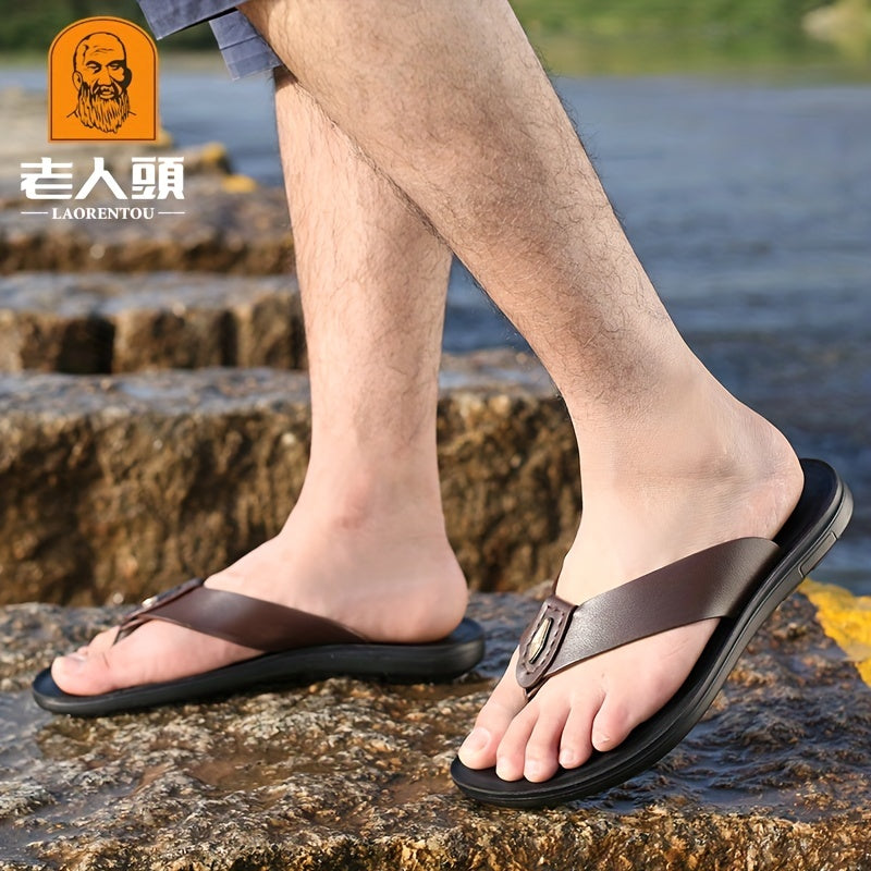 LAORENTOU Men's Leather Flip Flops Arch Support Non Slip Thong Sandals