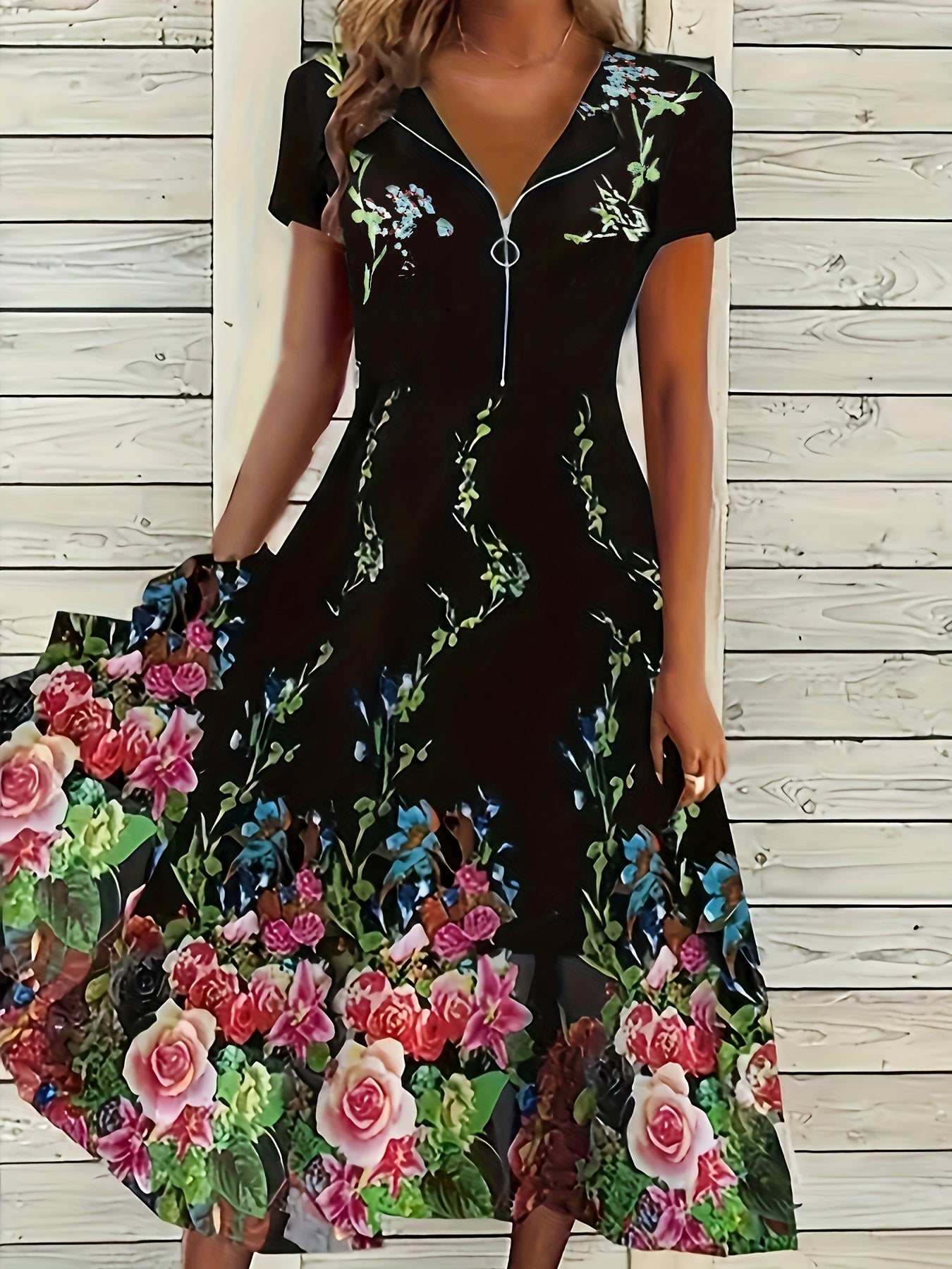  Floral Print Zipper V Neck Dress