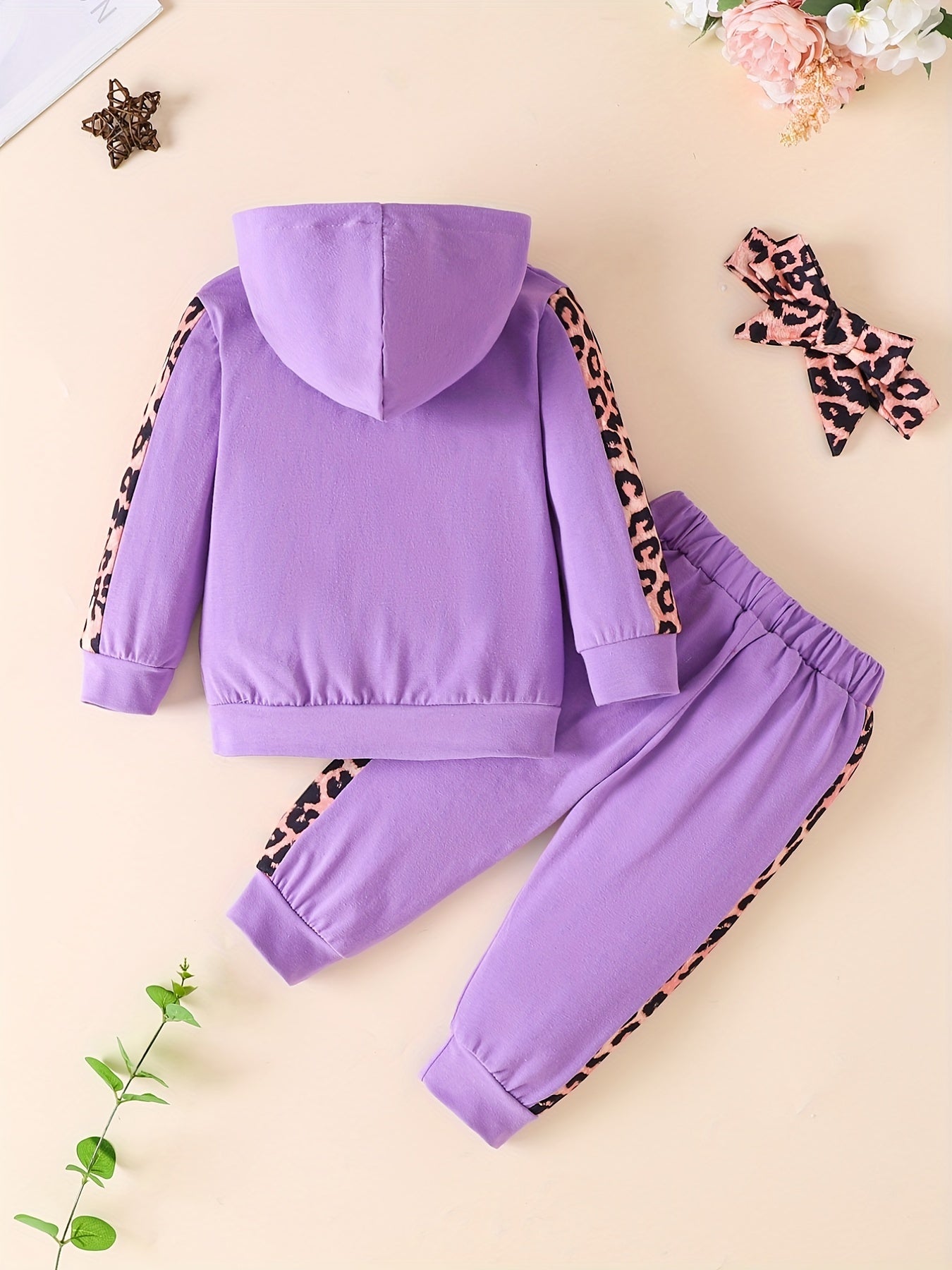 3pcs Baby Girls Hoodie Set Leopard Print Sweatshirt Pants Headband