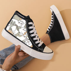Girl's High Top Cats Pattern Skate Shoes Comfy Non Slip Casual Lace Up Sneakers