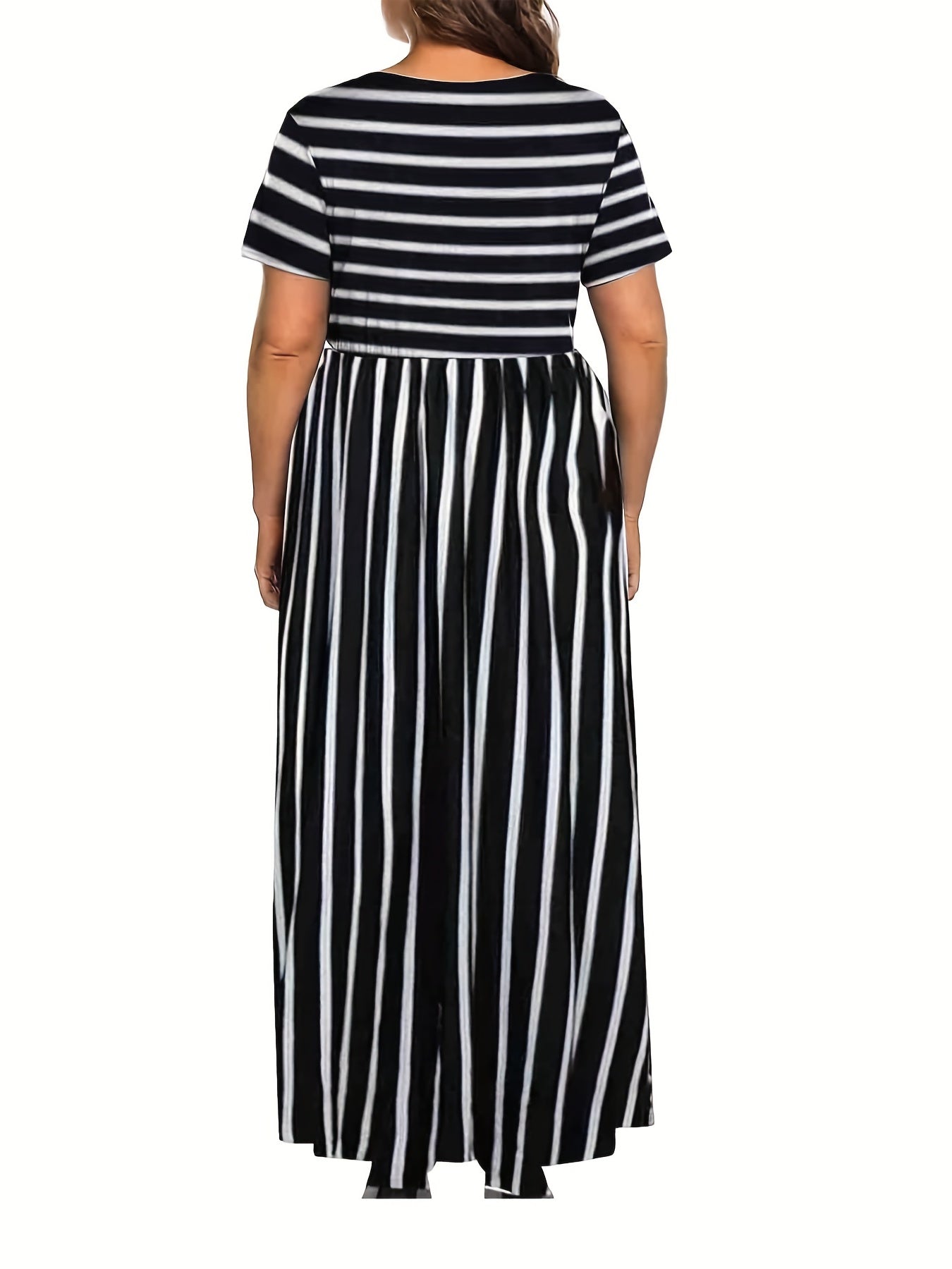  Stripe Print Short Sleeve Round Neck Maxi Dress