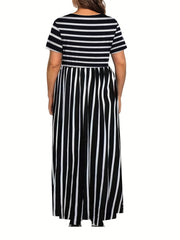  Stripe Print Short Sleeve Round Neck Maxi Dress
