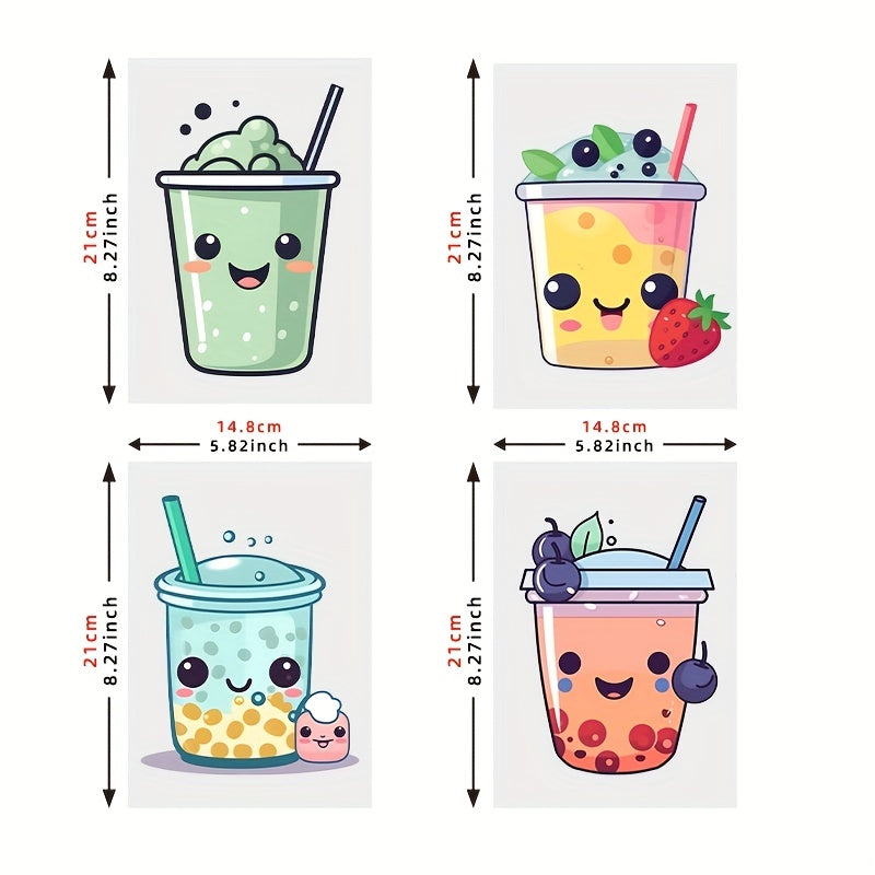 4pcs Cartoon Bubble Tea Heat Transfer Vinyl Patches DIY Clothing T Shirts Masks
