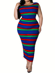  Casual Dress Women's Plus Strip Round Neck Medium Stretch