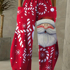  Santa & Snowflake Print Wide Leg Pants