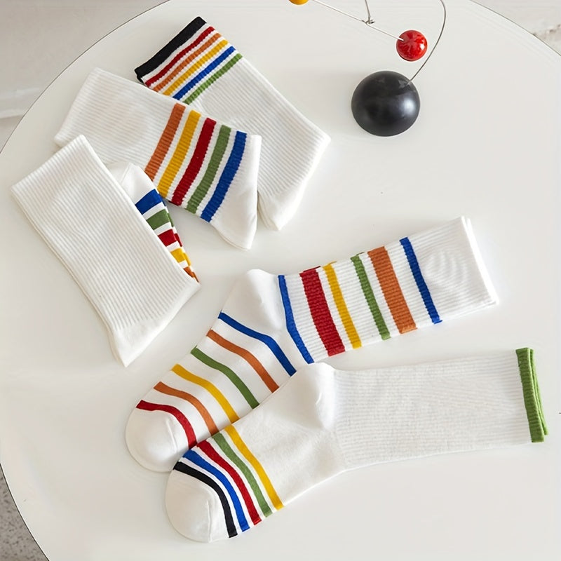 5 Pairs Rainbow Striped Socks Comfy & Mid Tube Women's Stockings Hosiery