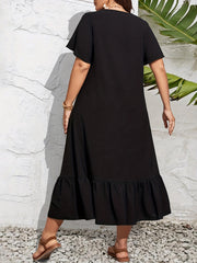  Colorblock Crochet V-Neck Ruffle Dress