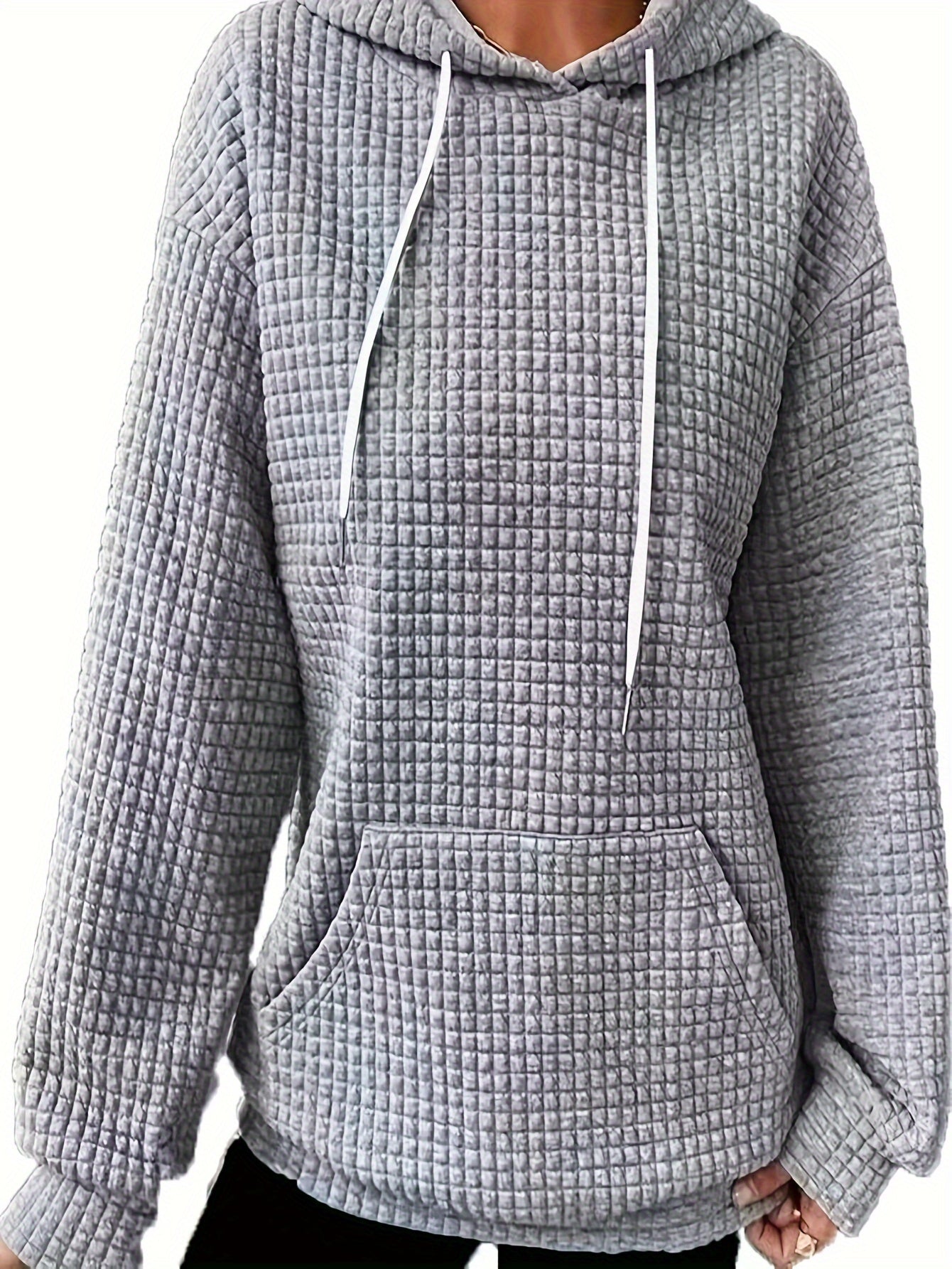  Solid Textured Long Sleeve Hoodie With Pockets