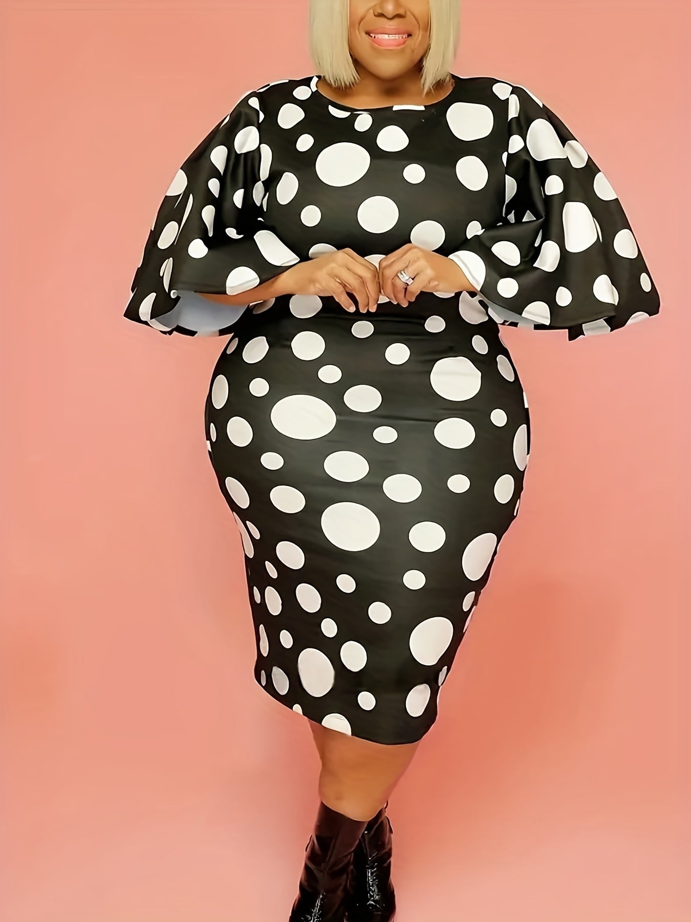  Dot Print Bat Sleeve Bodycon Maxi Dress Women's Plus Dress