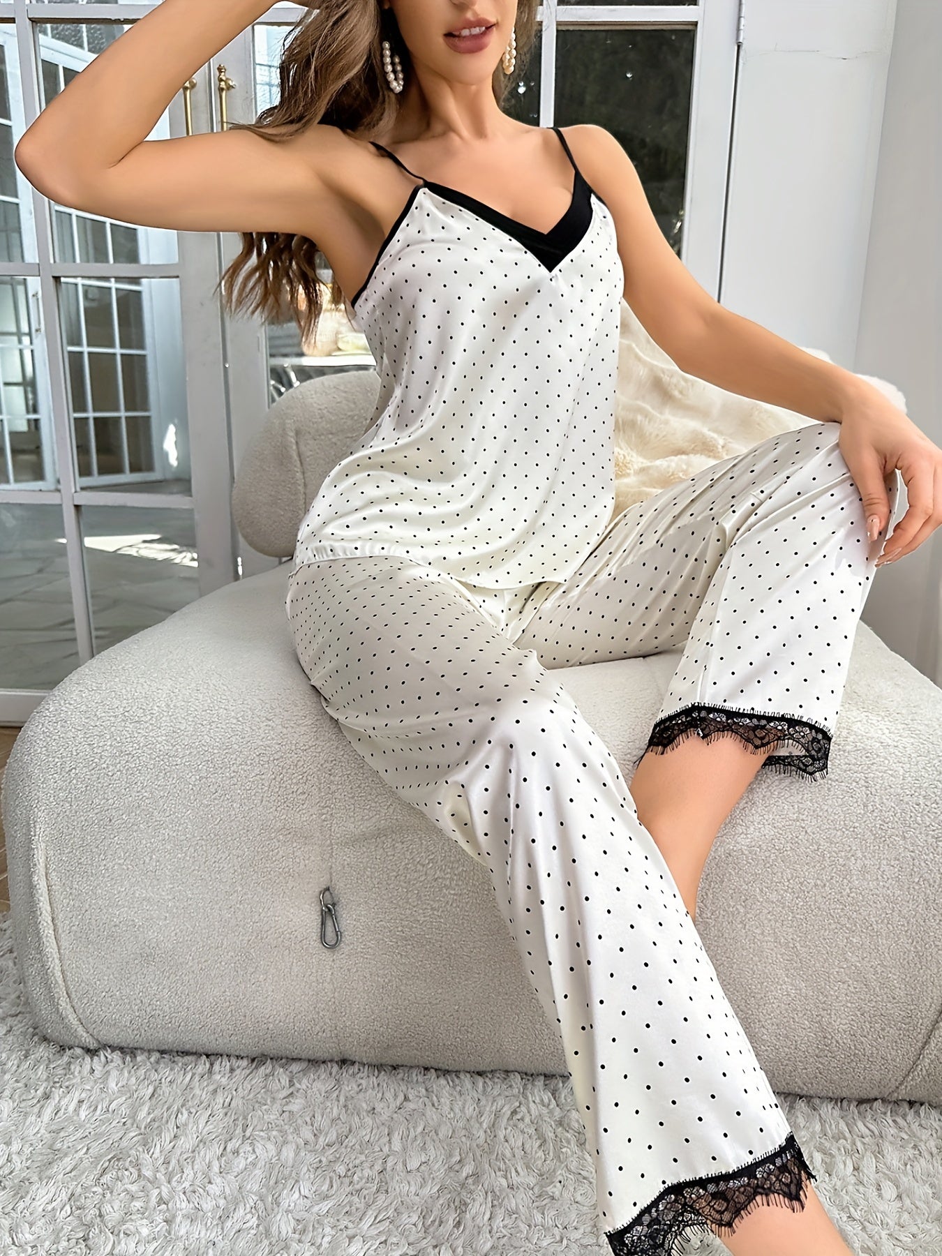 Polka Dot Satin Pajama Set Lace Trim V Neck Cami Top & Lounge Pants
