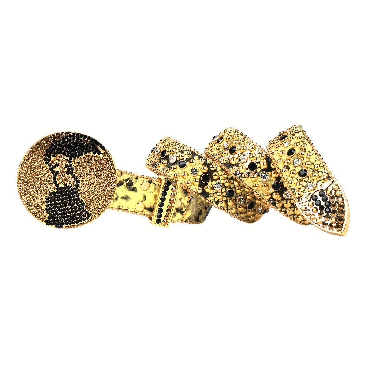Yellow Sparkly Belt Y2K Punk Rivet Belts Rhinestone Round Buckle Belt