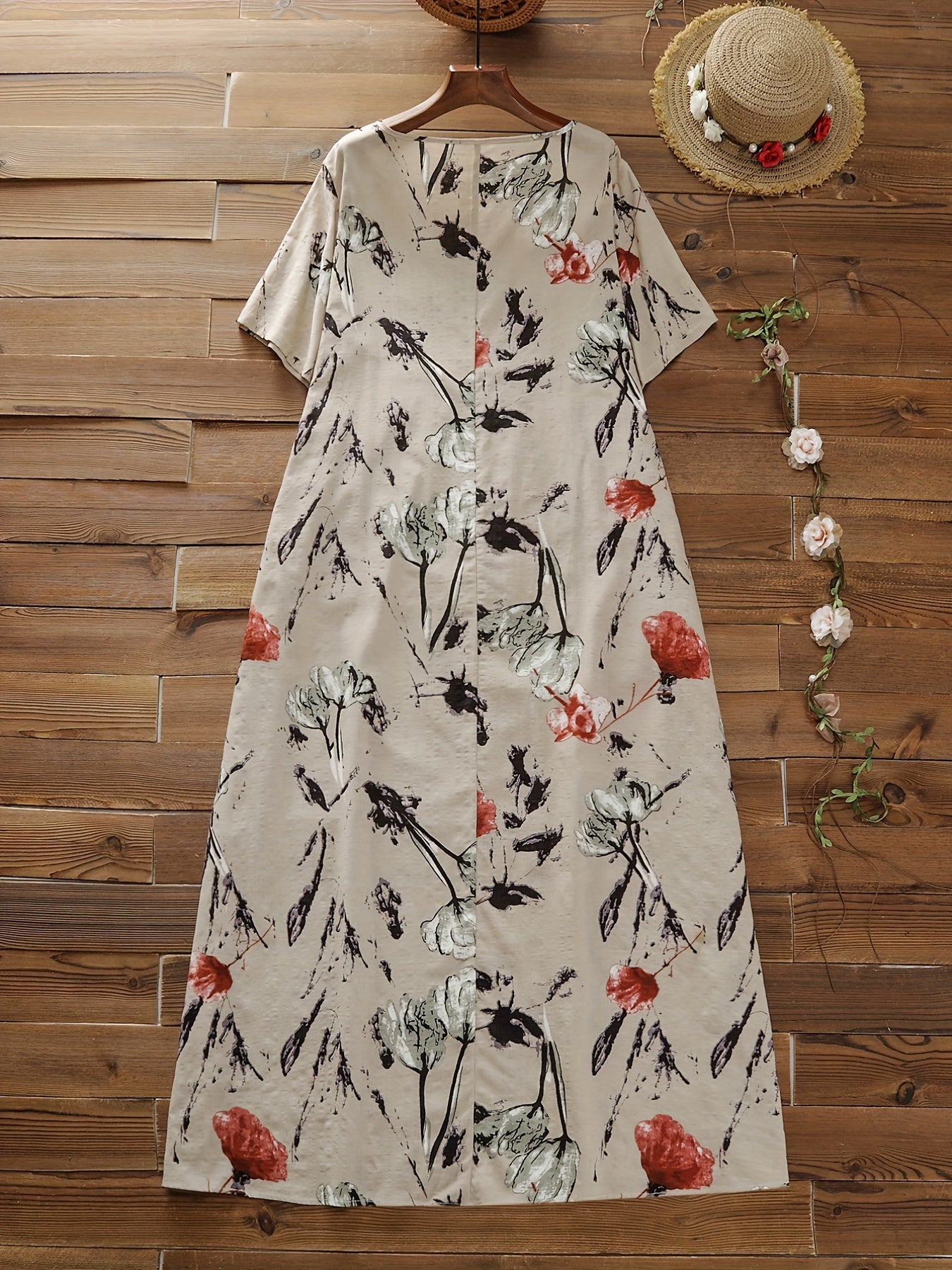 Casual Dress Women's Plus Floral Print Short Sleeve Round Neck Dress