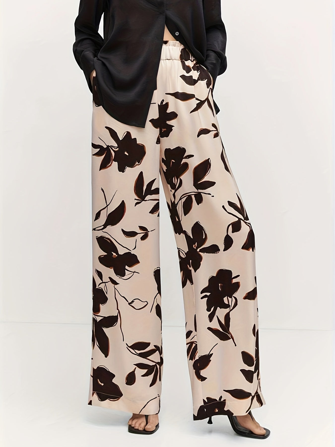  Floral Print Wide Leg Trousers With Pockets