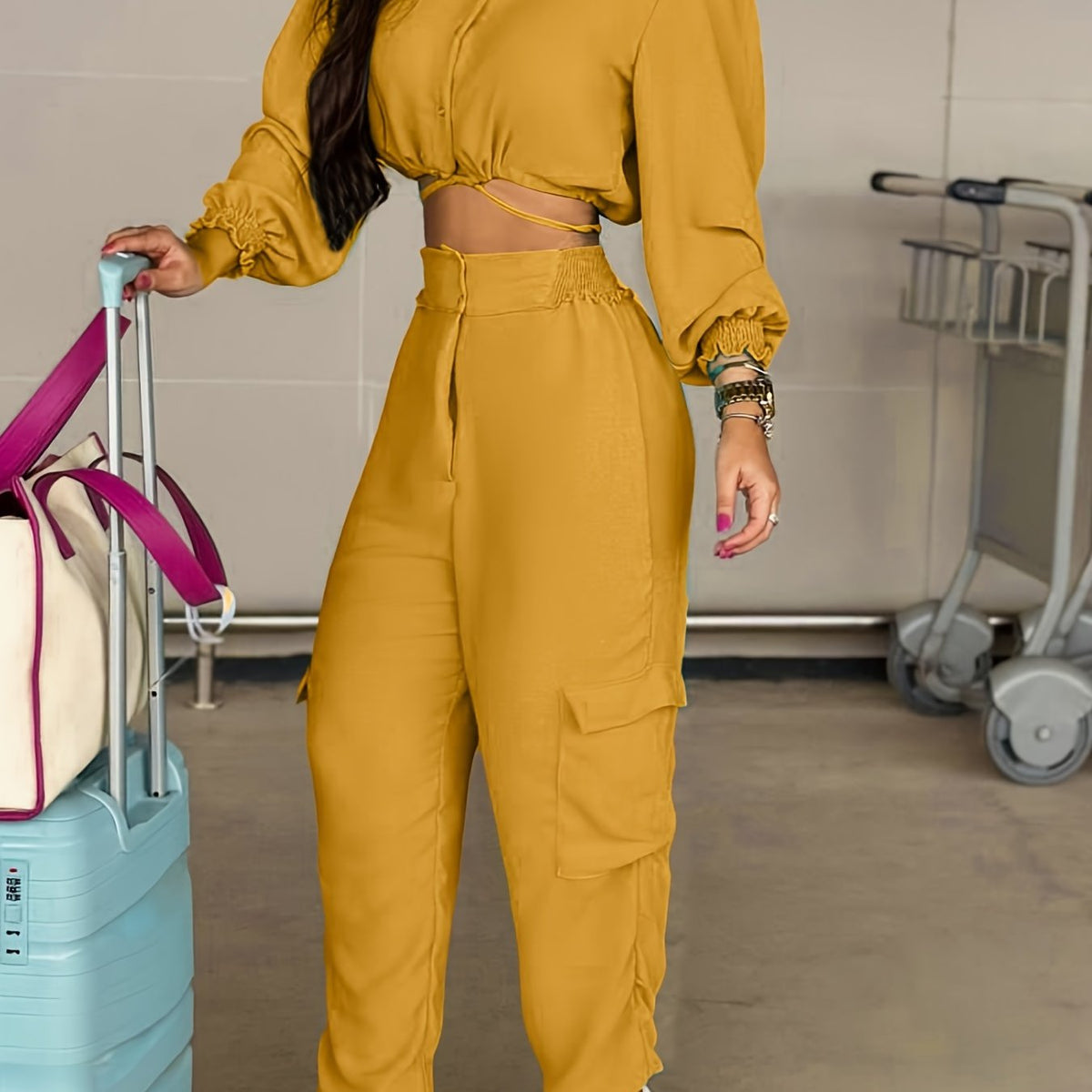 Casual Two piece Set Button Front Long Sleeve Tops & High Waist Pants