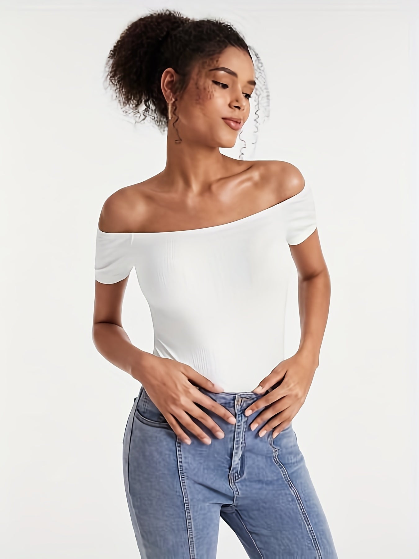 Off Shoulder Solid Bodysuit - Summer Casual Women's Clothing