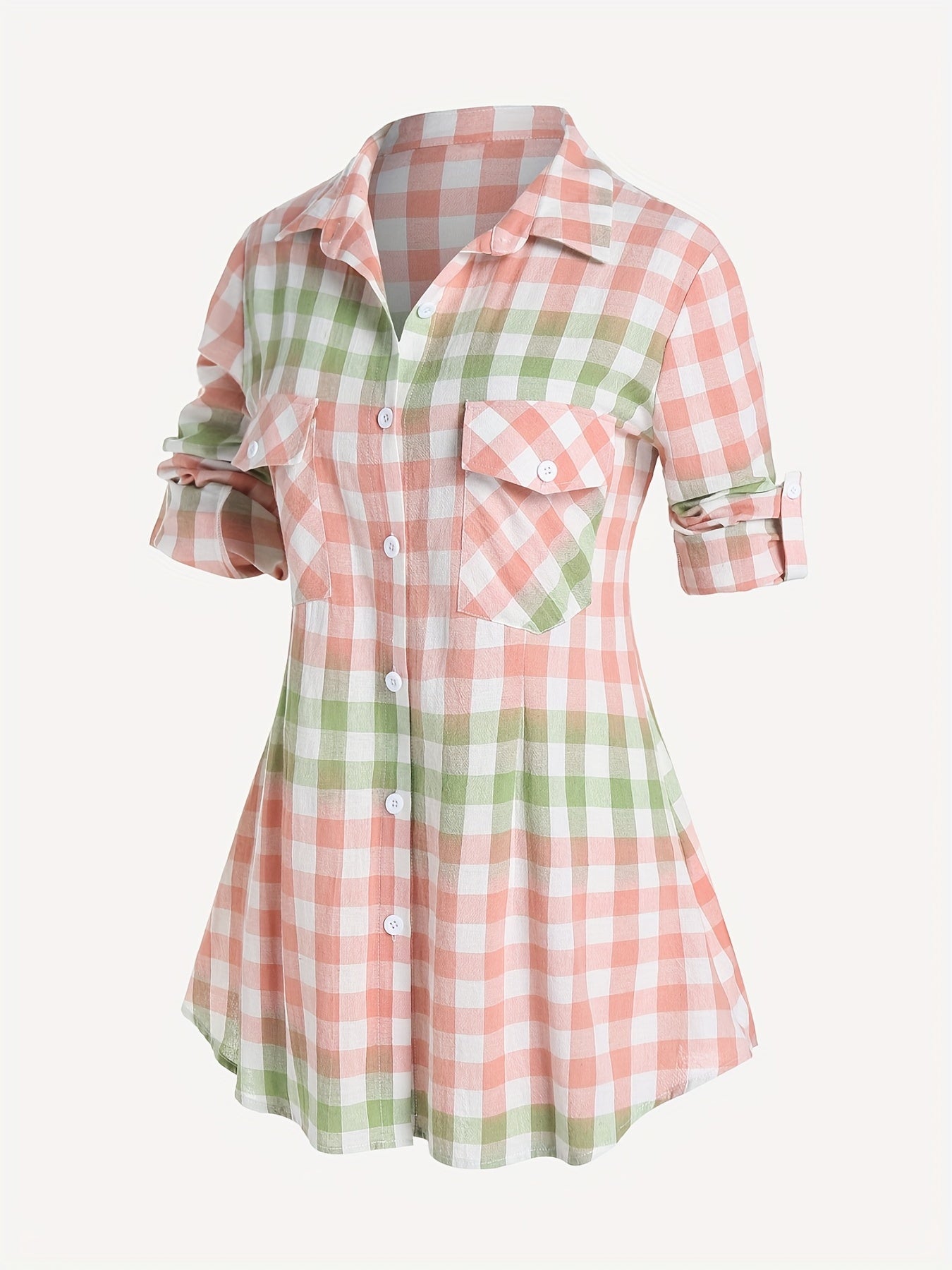  Colorblock Gingham Button Up Peplum Blouse