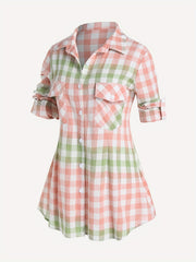  Colorblock Gingham Button Up Peplum Blouse