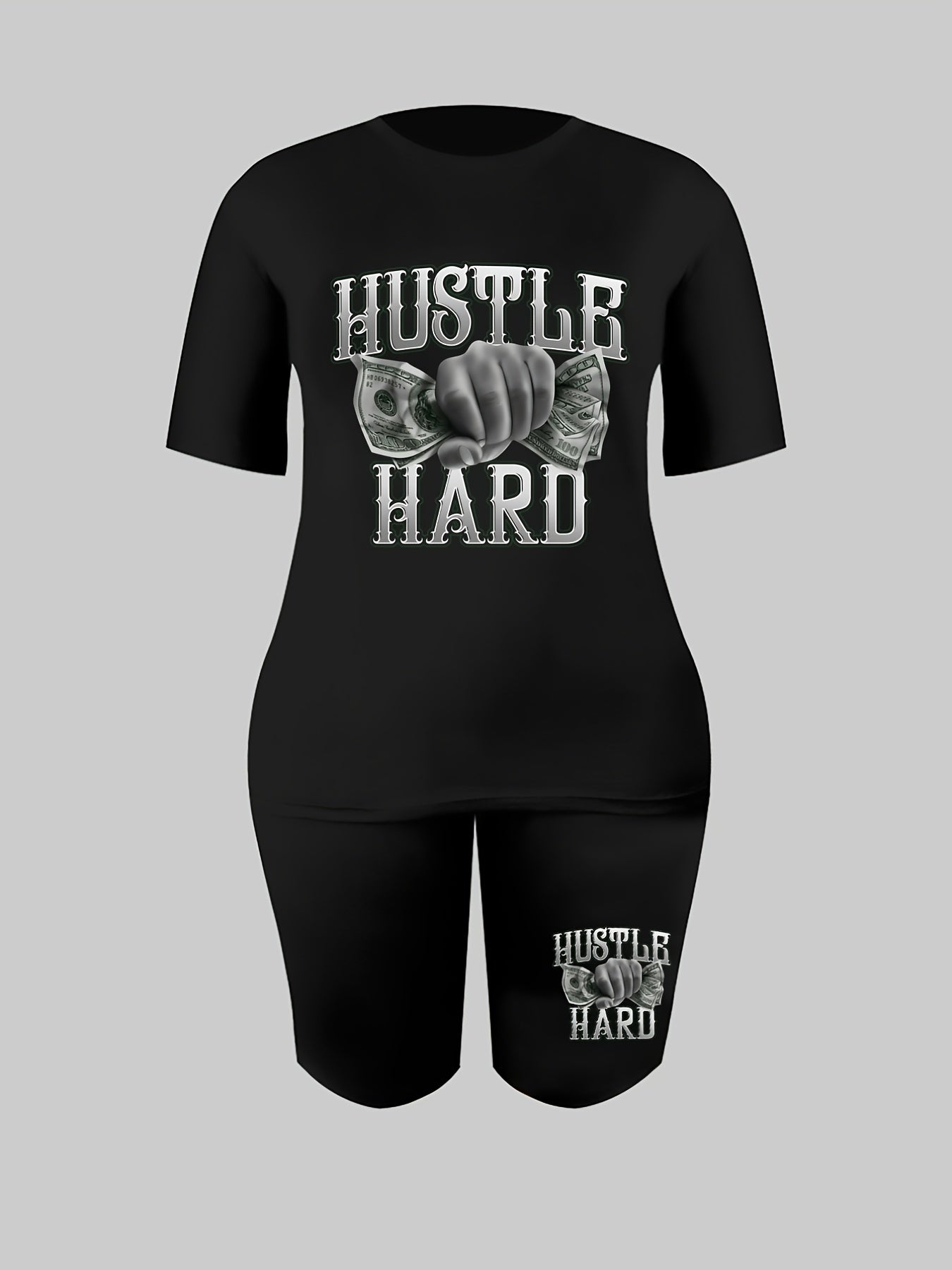 Money Print Short Sleeve Tee & Biker Shorts Set Women's Plus Size