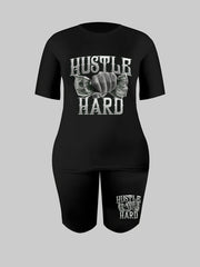 Money Print Short Sleeve Tee & Biker Shorts Set Women's Plus Size