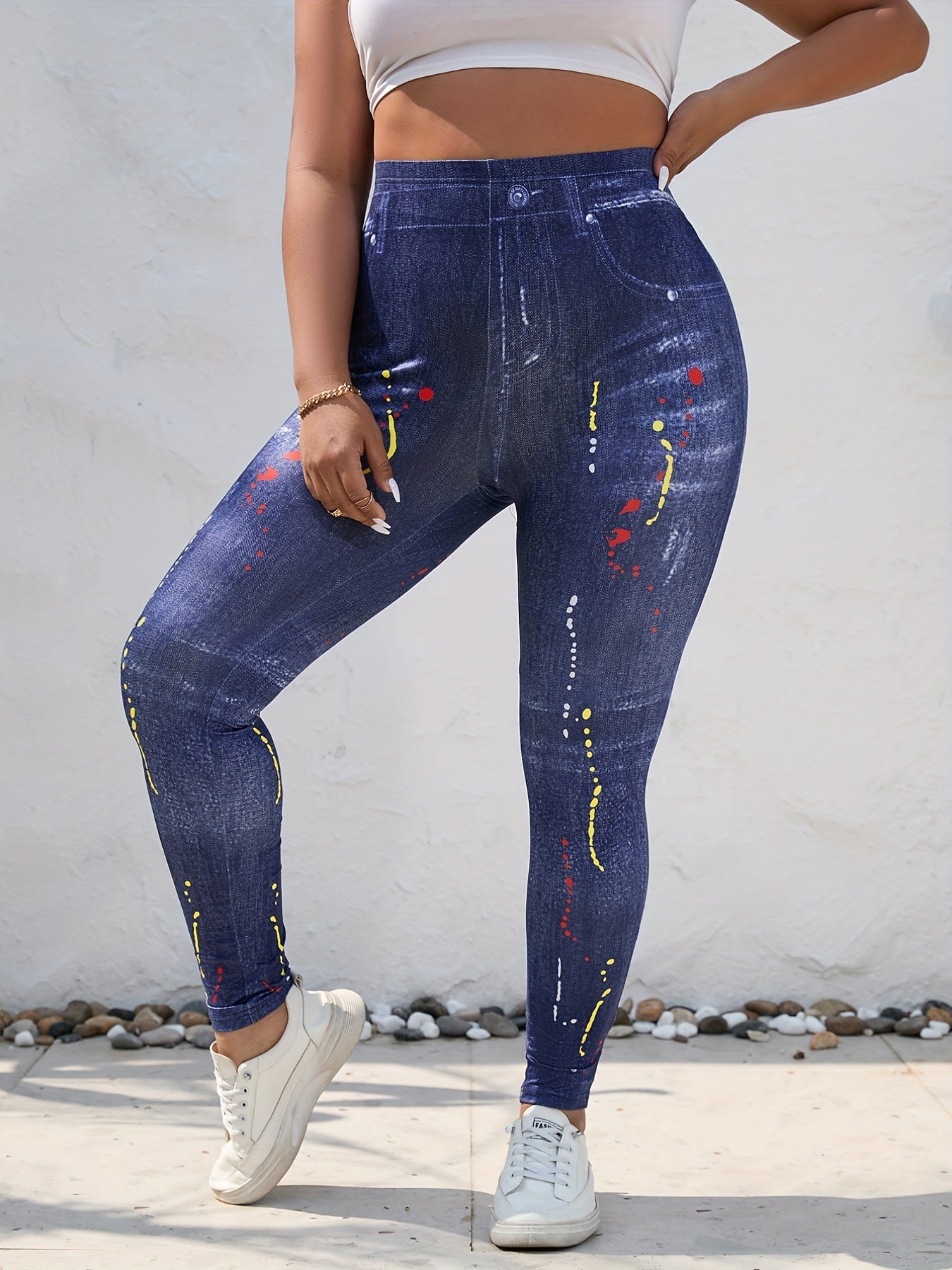  Denim & Painting Print Leggings - Stretchy Skinny Leggings