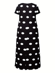  Polka Dot Print Short Sleeve Maxi Dress With Pockets