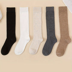 5 Pairs Plus Size Preppy Calf Socks Set Women's Plus Solid