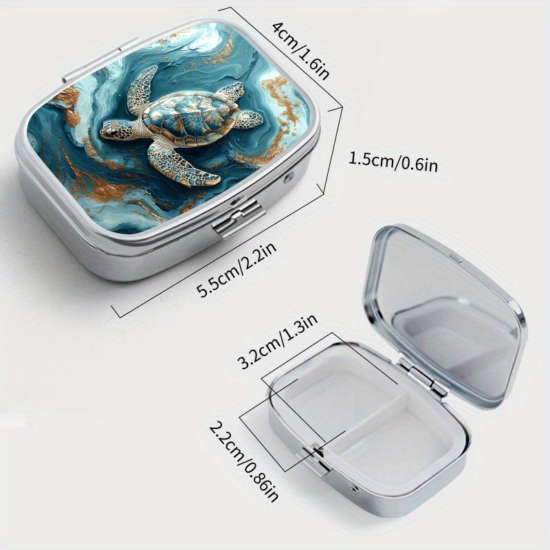 Turtle Print Pattern Medicine Box Two Compartment Pill Box Portable