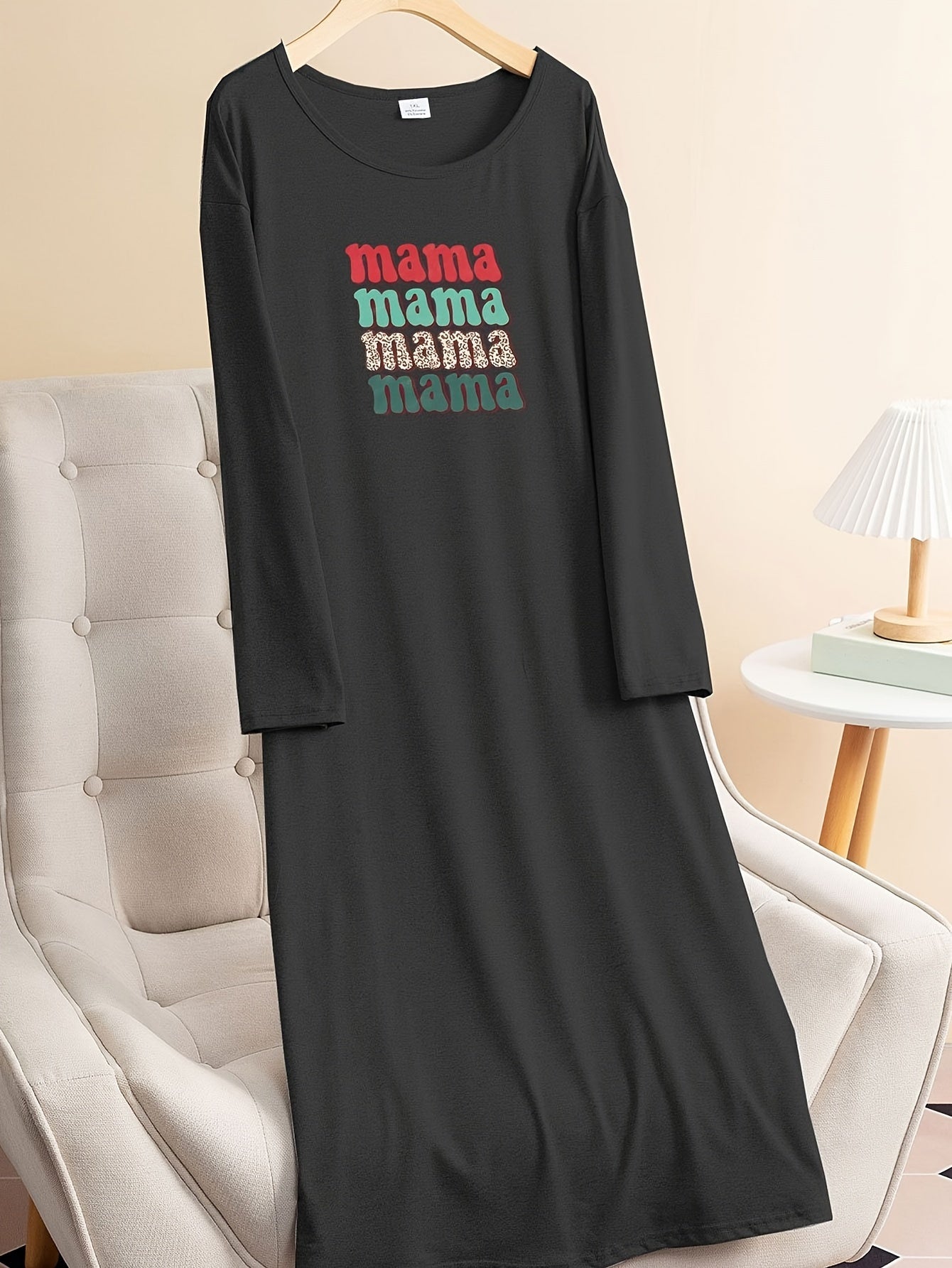  Colorful Letter Print Loungewear Dress Long Sleeve Nightdress