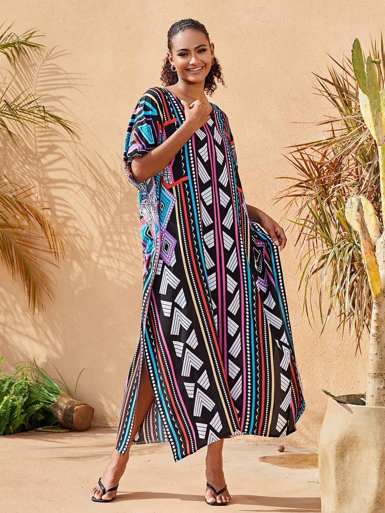 Boho Kaftan Dress Women's Plus Geo Print V Neck Maxi Beach Dress