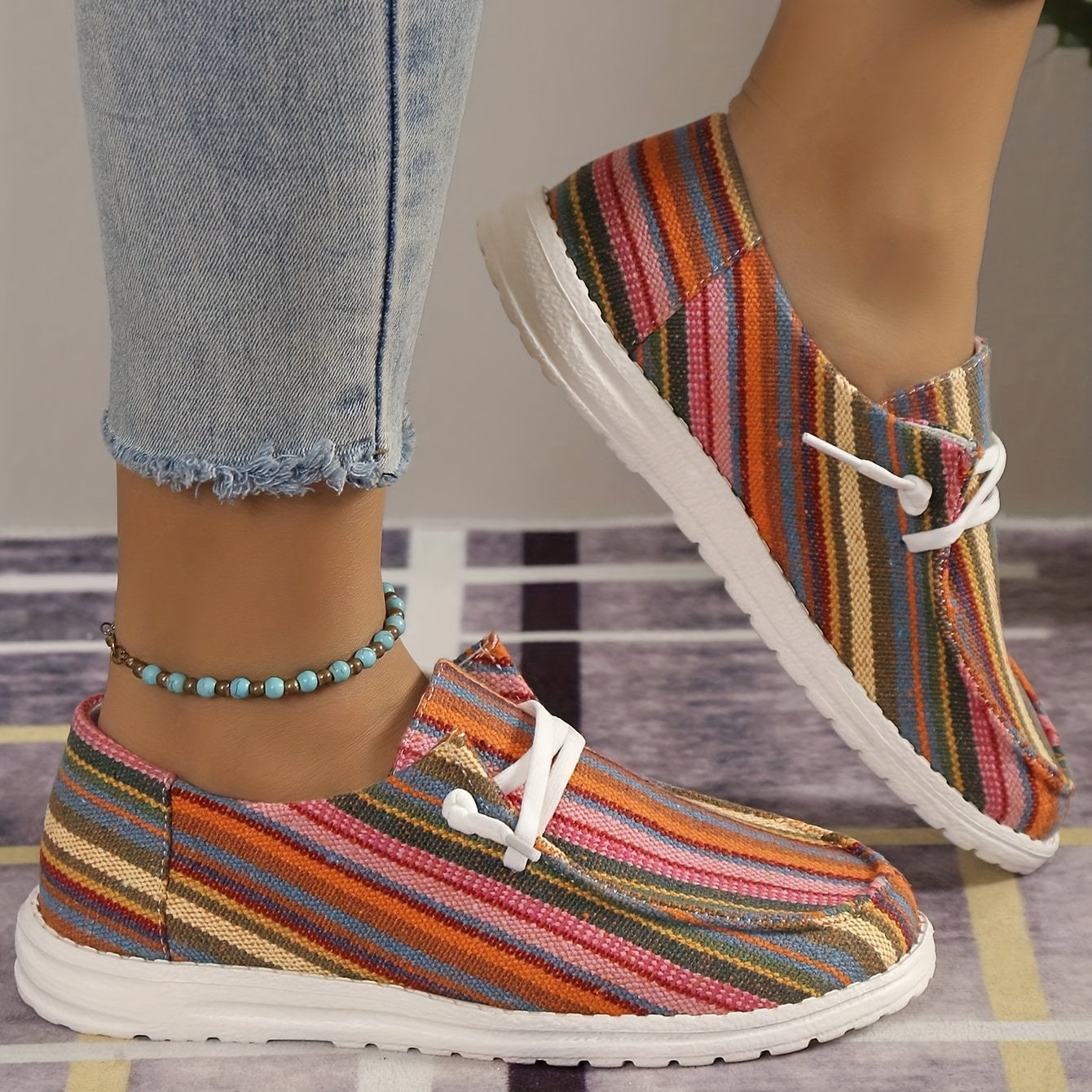 Women's Striped Canvas Shoes Lace Up Outdoor Sneakers Lightweight