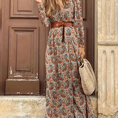  Pasley Print Long Sleeve V Neck Maxi Dress