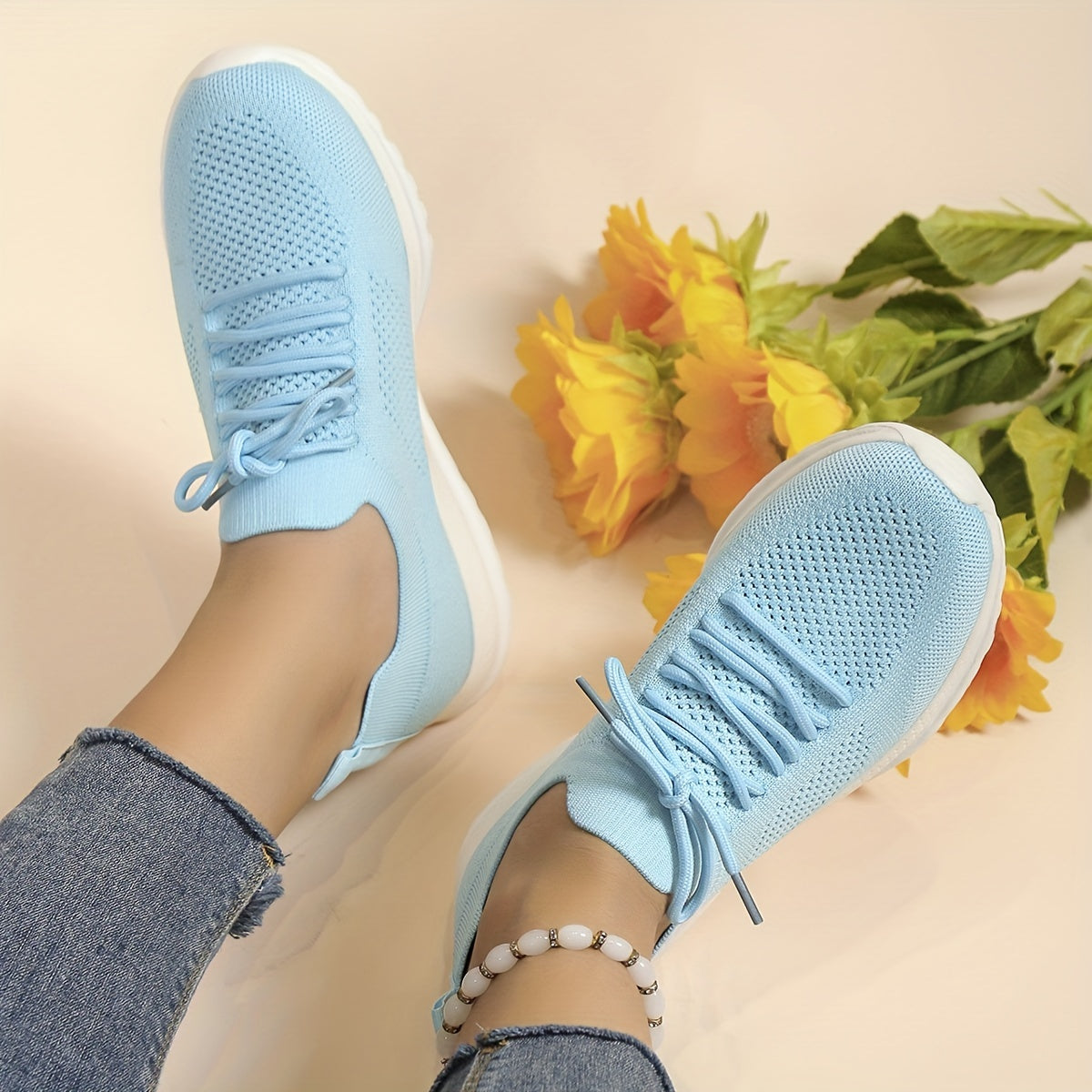 Women's Knit Lace Up Sneakers Non slip Weaving Sneakers