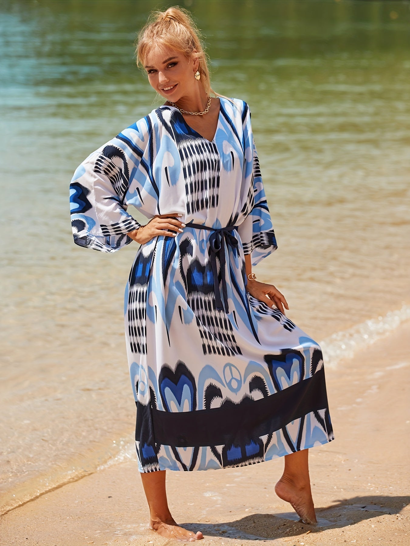  Boho Cover Up Women's Plus Tribal Print Bat Sleeve V Neck Loose