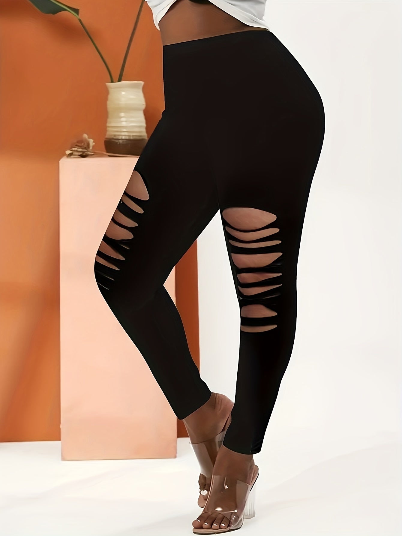  Sports Leggings Women's Plus Solid Ripped High Rise Medium Stretch