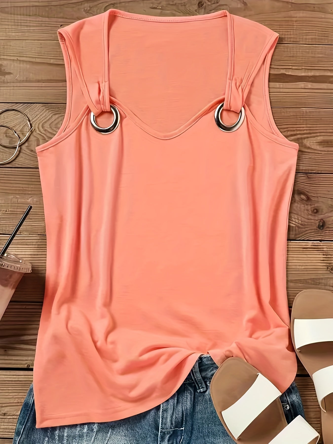  Solid Grommet V Neck Tank Top