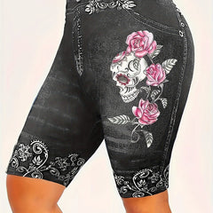  Floral & Skull Print Denim Shorts, Medium Stretch Skinny Fit