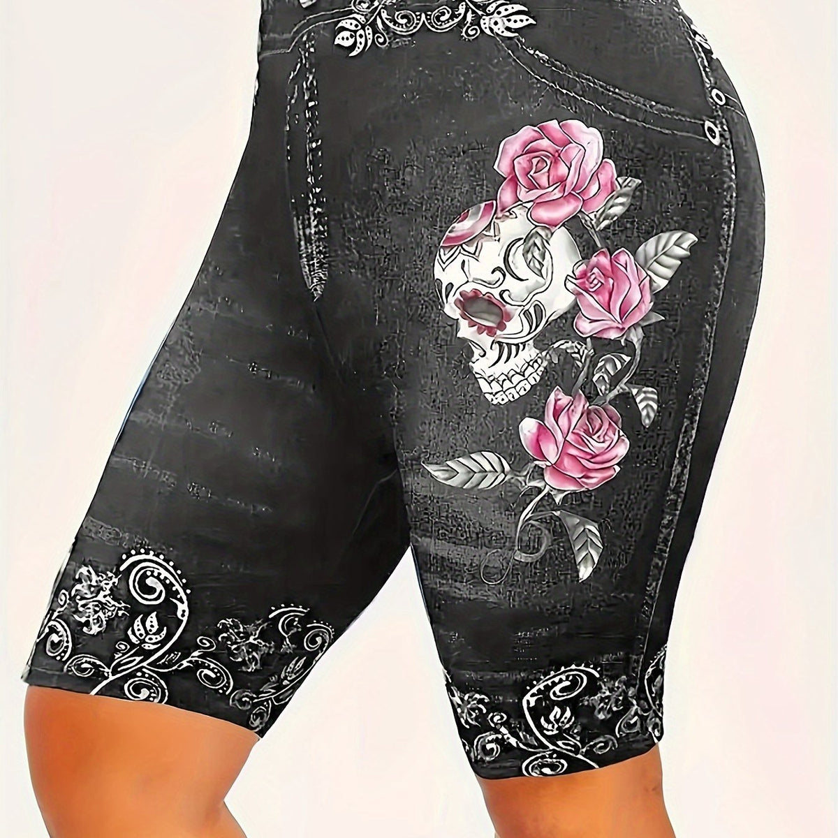  Floral & Skull Print Denim Shorts, Medium Stretch Skinny Fit