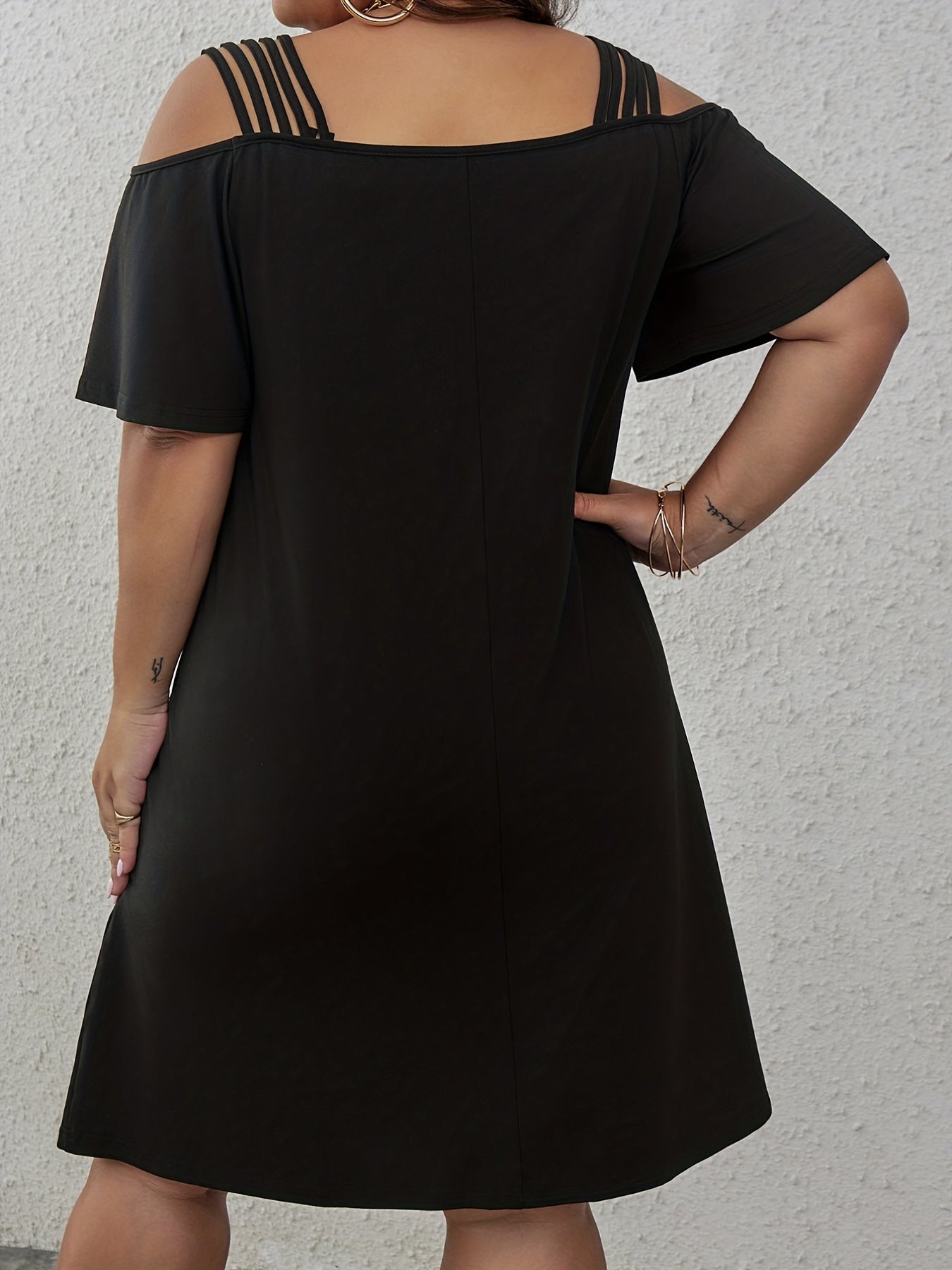  Solid Split Strap Cold Shoulder High Stretch Dress