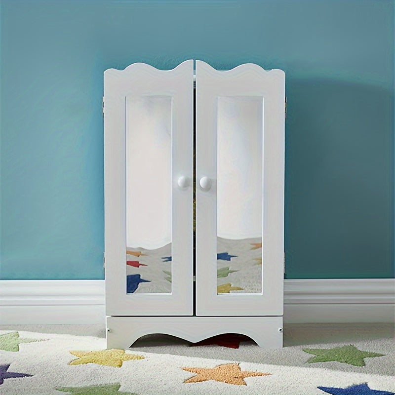 Wooden Dolls Wardrobe with 6 Hangers & Mirror