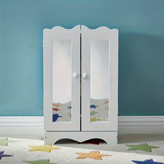 Wooden Dolls Wardrobe with 6 Hangers & Mirror