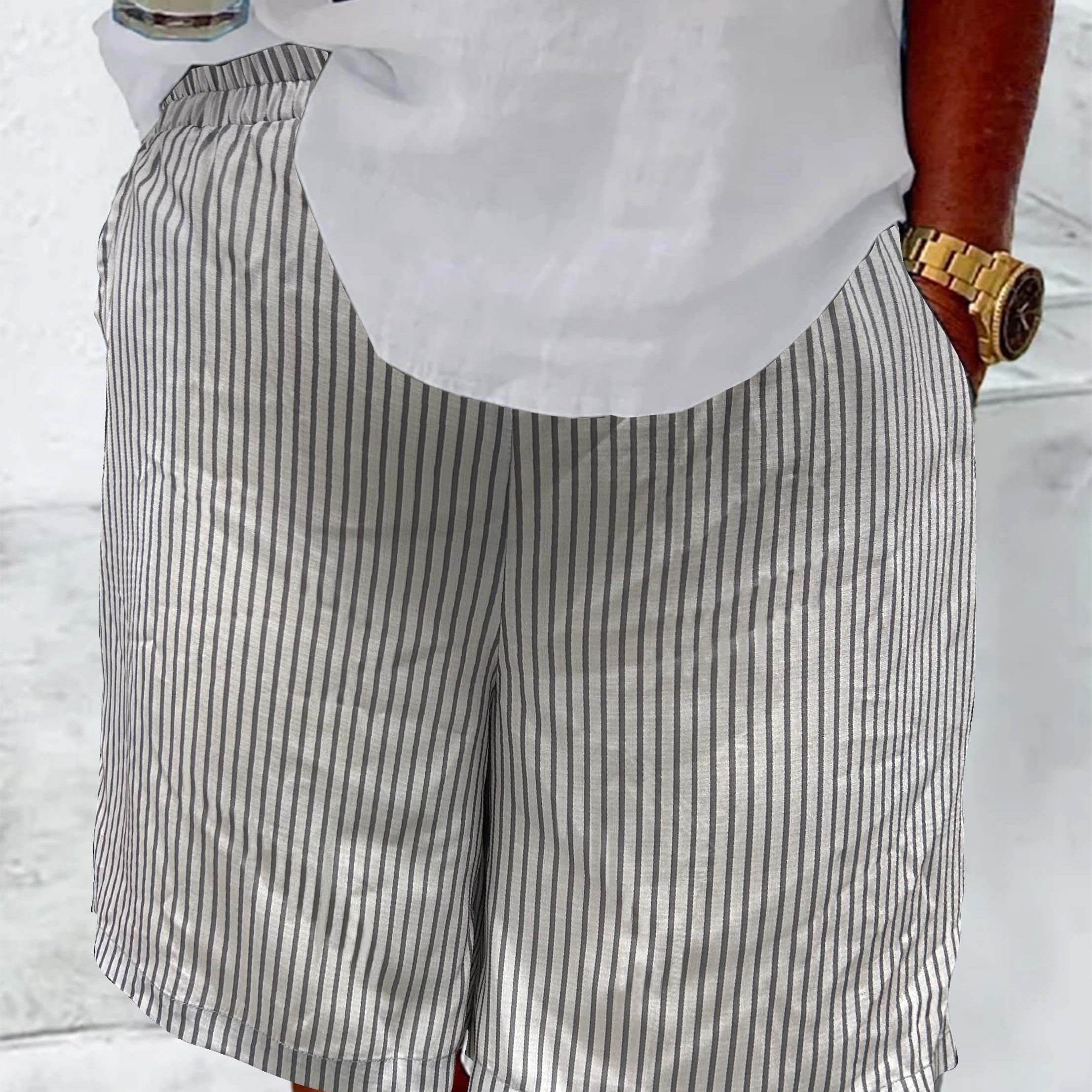  Stripe Print High Rise Casual Shorts With Pockets