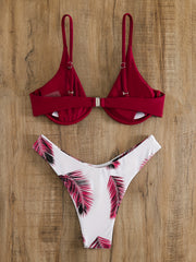 Burgundy Leaf Print Bikini Set V Neck Backless High Cut Two Piece Swimsuit