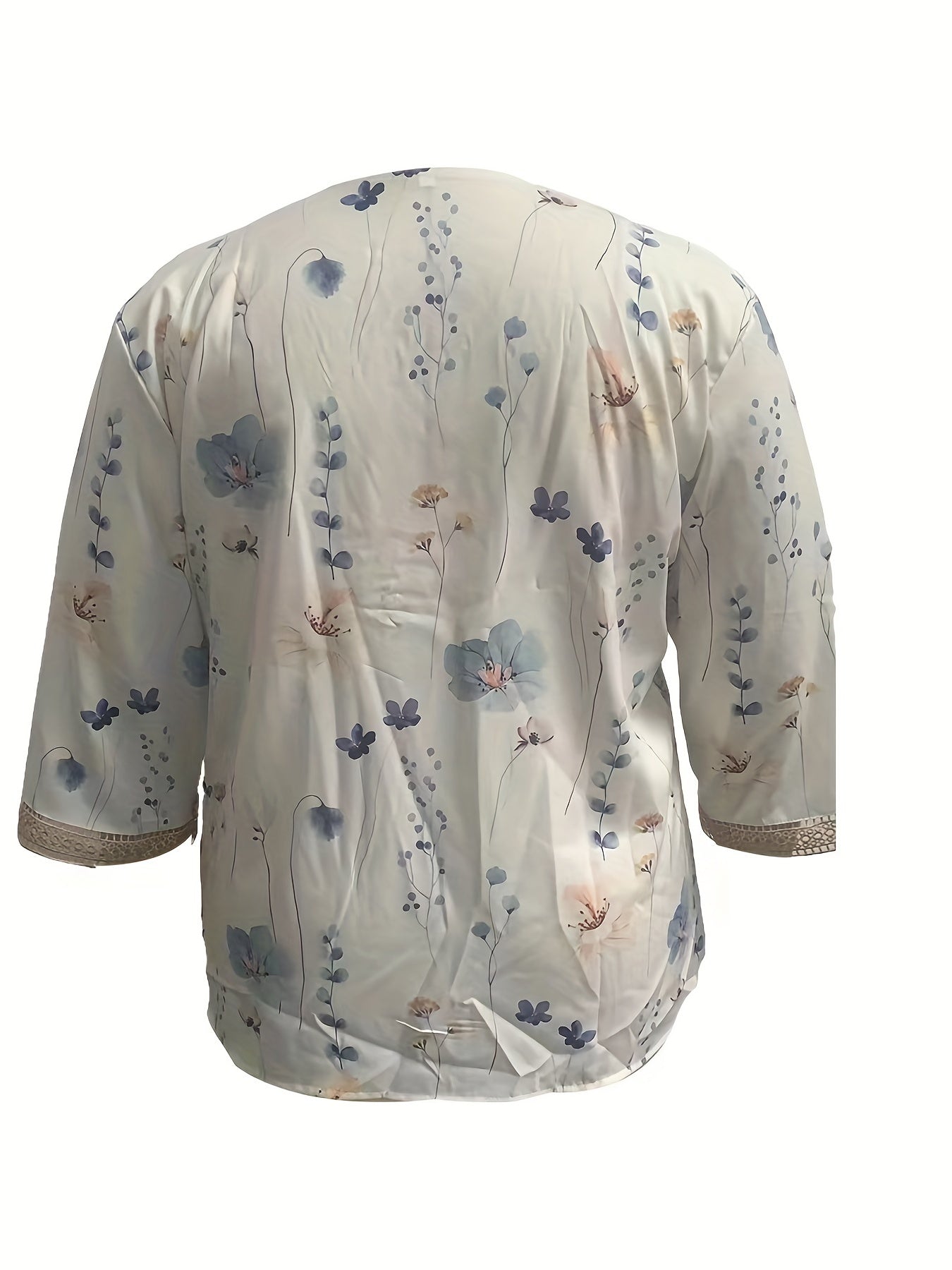  Floral Print Lace Sleeve V Neck Top
