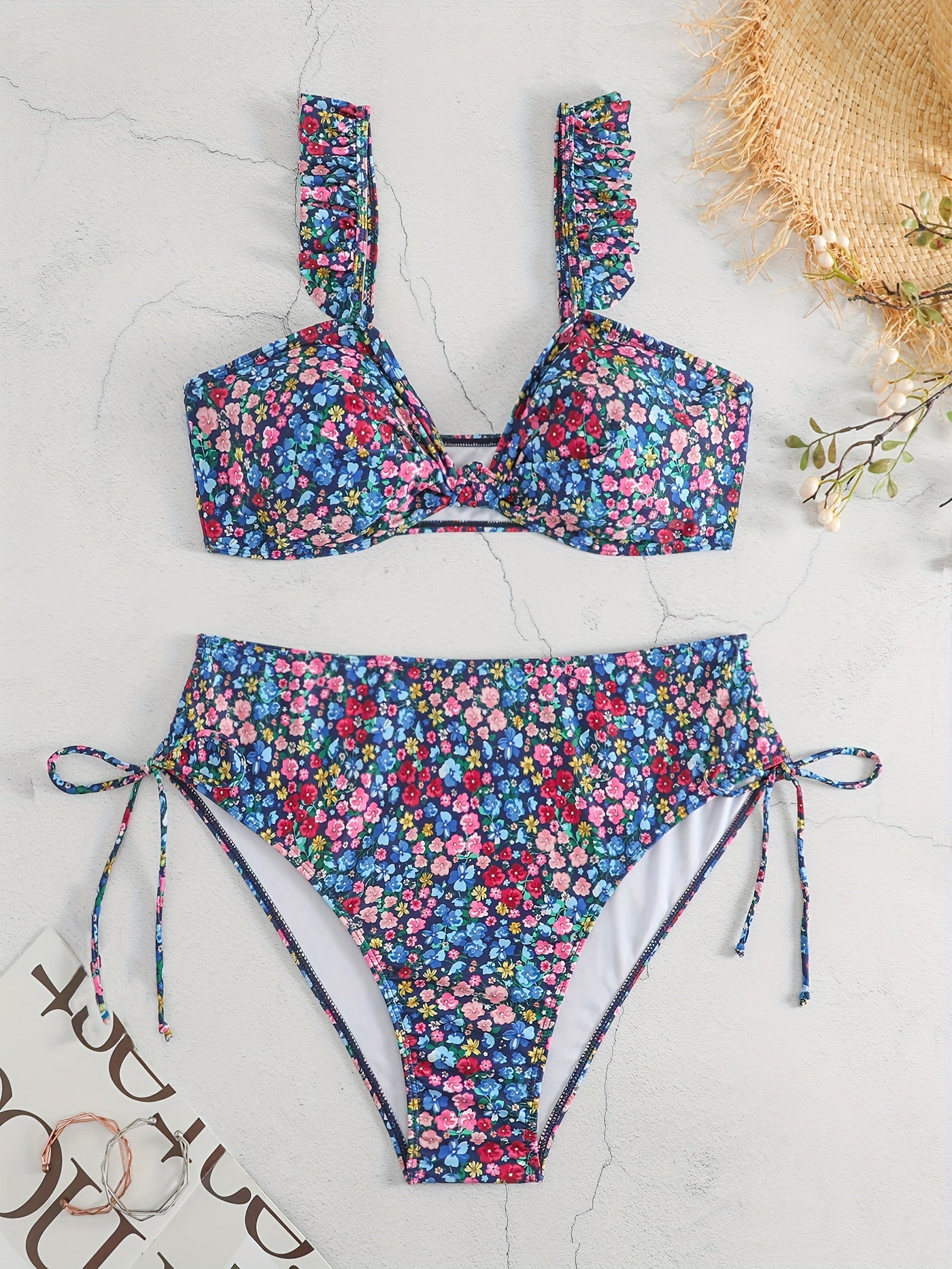  Ditsy Floral Ruffle Trim Bikini Set