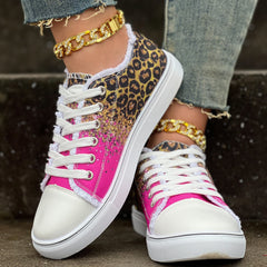 Leopard Print Glitter Lace Up Canvas Sneakers