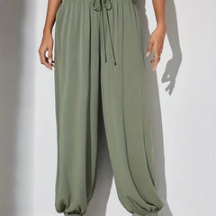 Women's Plus Solid Shirred Waist Drawstring High Rise Joggers
