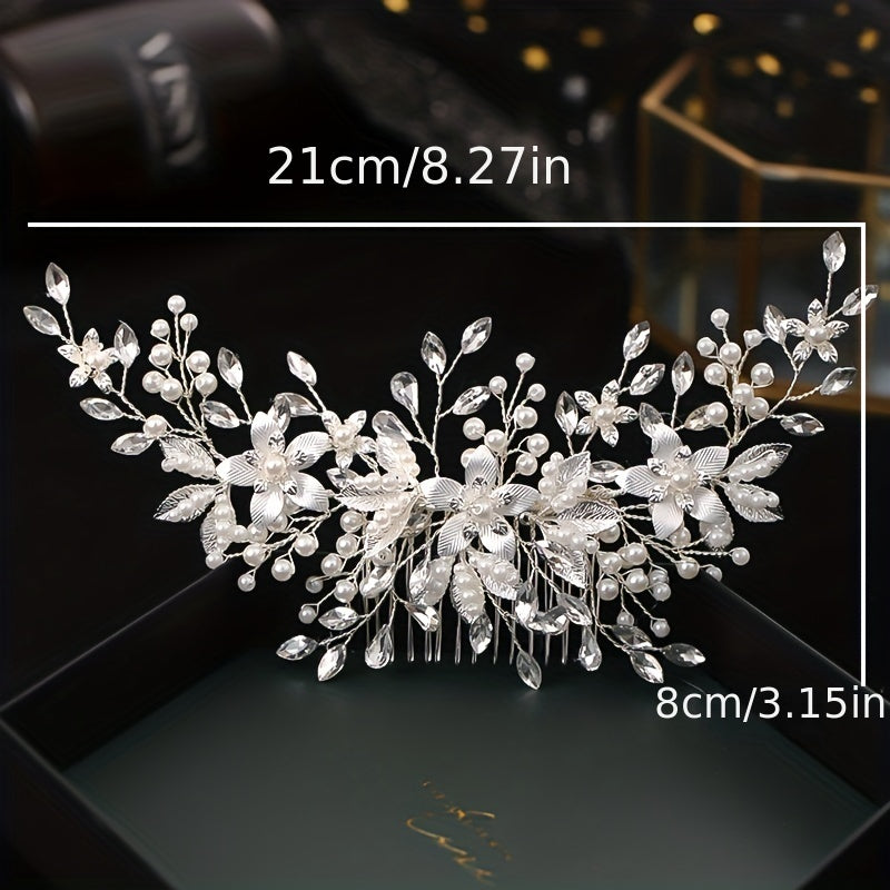 Crystal Silver Pearl Bridal Comb Floral Wedding Rhinestone Pearl Comb