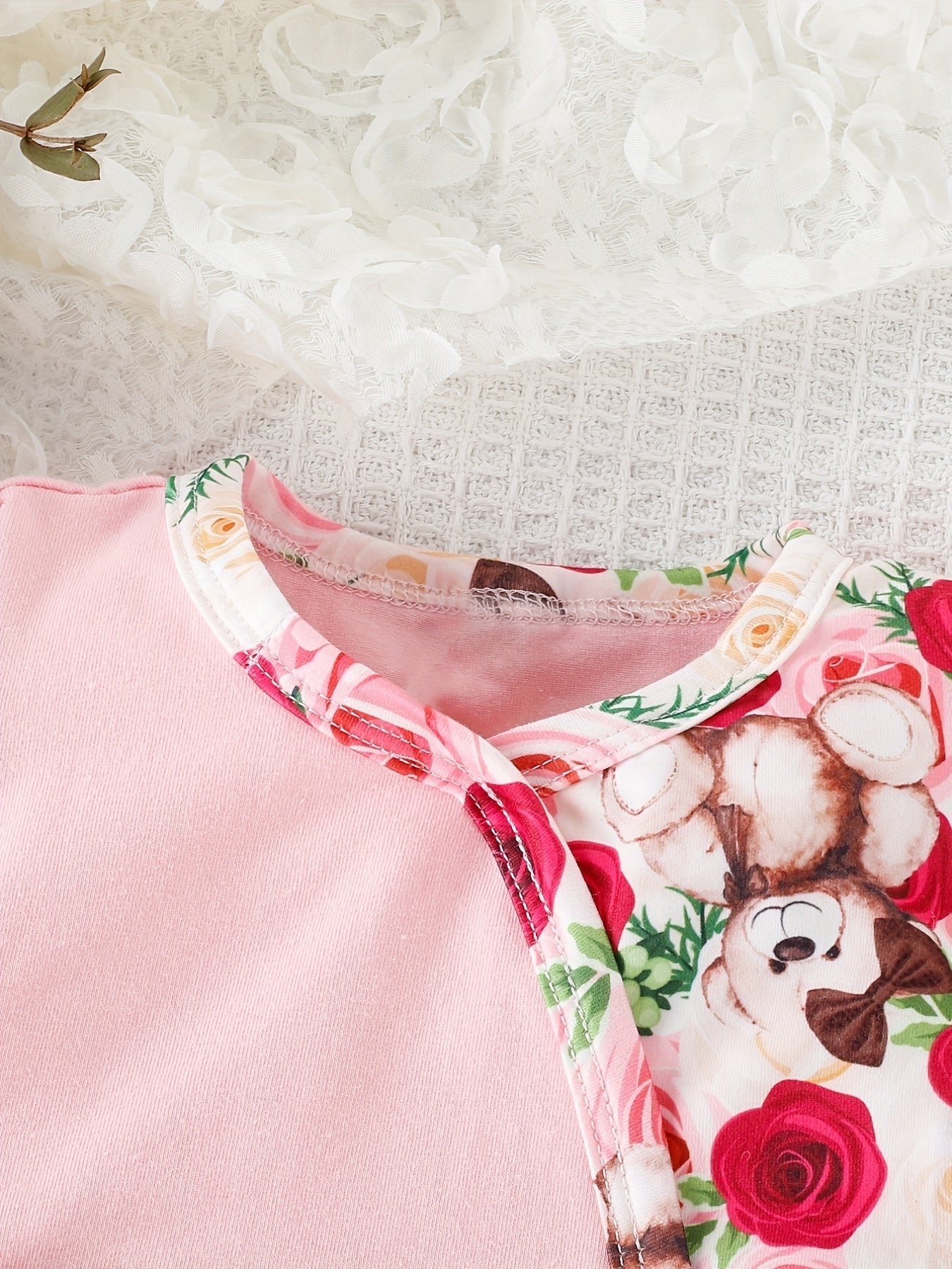 Baby Girl Bear Flower Embroidered Patchwork Button Onesie