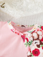 Baby Girl Bear Flower Embroidered Patchwork Button Onesie