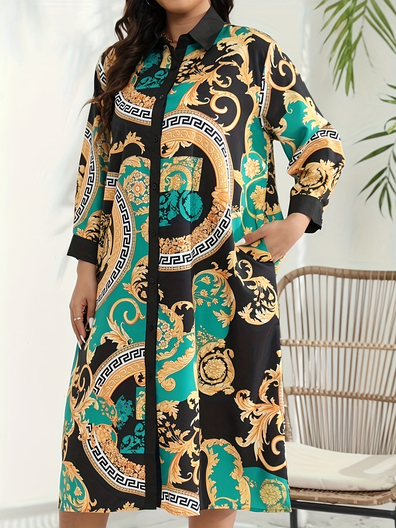  Baroque Print Button Up Long Sleeve Shirt Dress